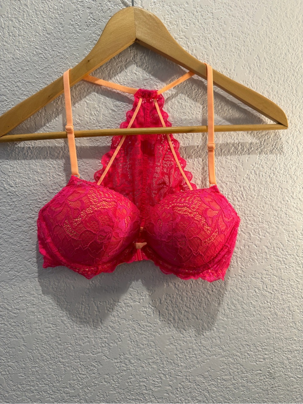 Victoria's Secret Lace Push-Up Bra - Hot Pink with Peach Straps